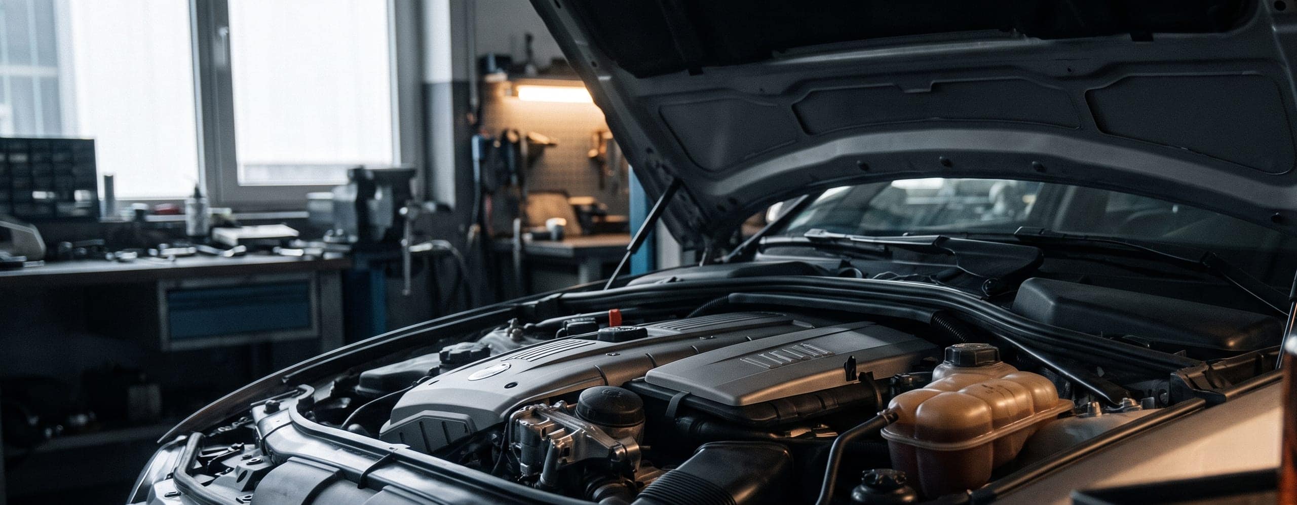 European engine bay in a workshop